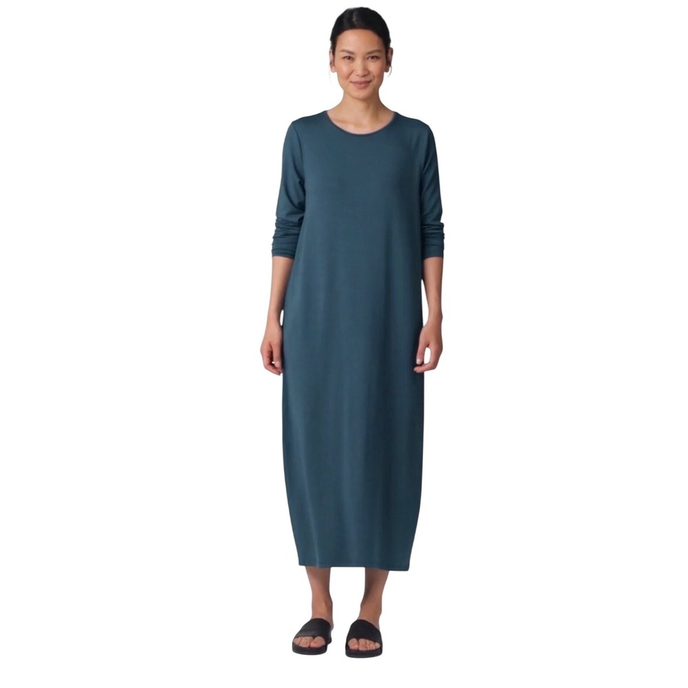 Eileen Fisher Teal Stretch Jersey Knit Oval Maxi Dress PS Minimalist Boho